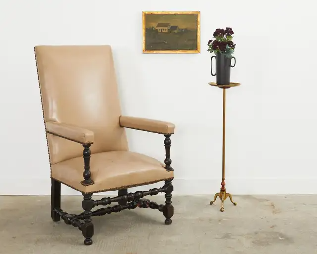 Louis XIII Style Walnut Leather Library Chair or Throne Chair