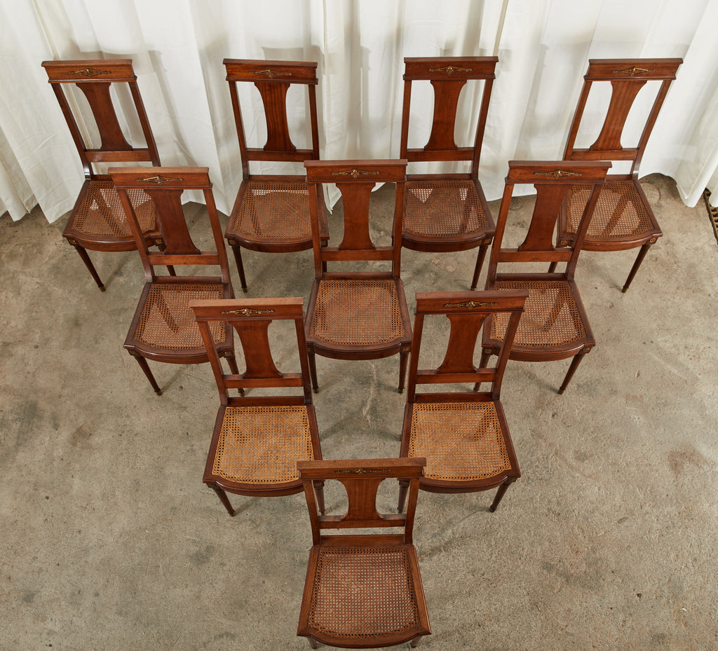 Set of Ten French Empire Mahogany Caned Dining Chairs