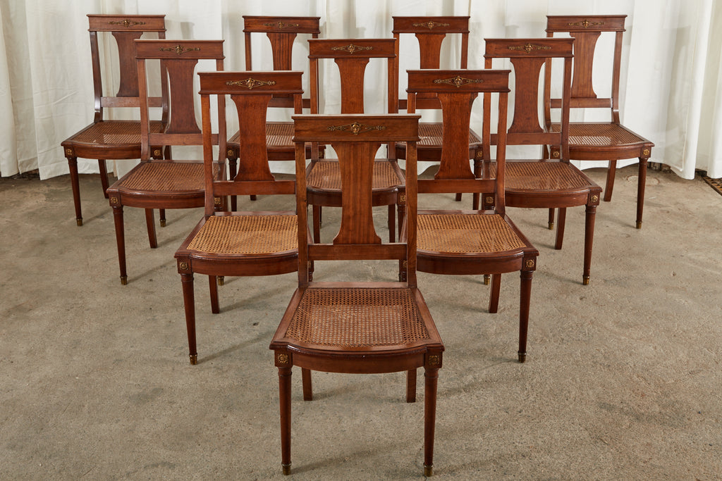 Set of Ten French Empire Mahogany Caned Dining Chairs