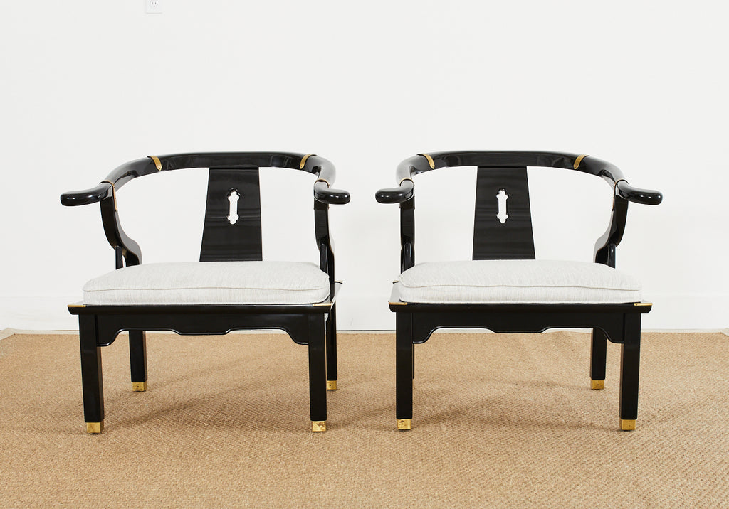 Pair of James Mont Style Lacquered Horseshoe Chairs by Century