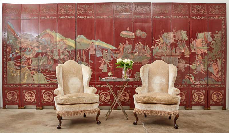Chinese Twelve-Panel Red Lacquer Coromandel Screen of Xiwangmu