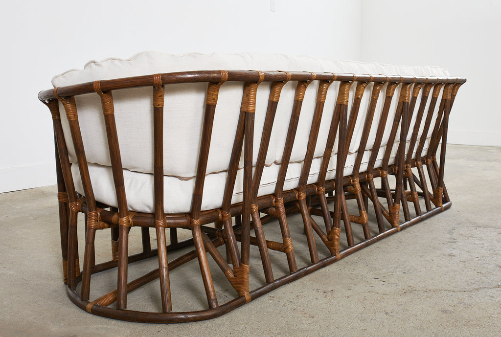 Midcentury Organic Modern Bent Rattan Sofa Demilune Ends