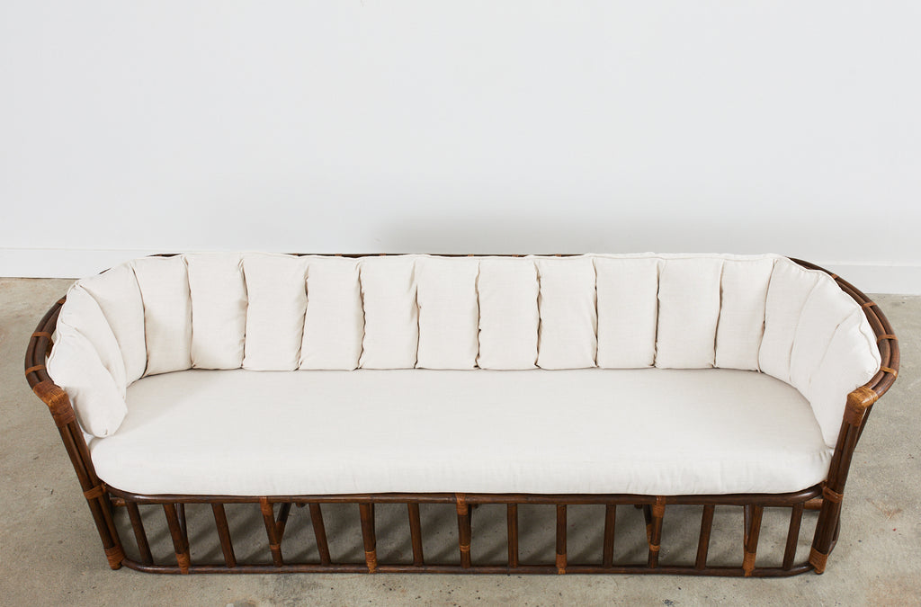 Midcentury Organic Modern Bent Rattan Sofa Demilune Ends