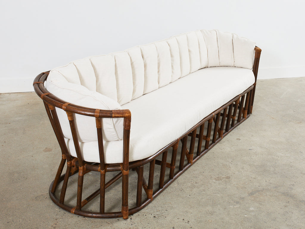 Midcentury Organic Modern Bent Rattan Sofa Demilune Ends