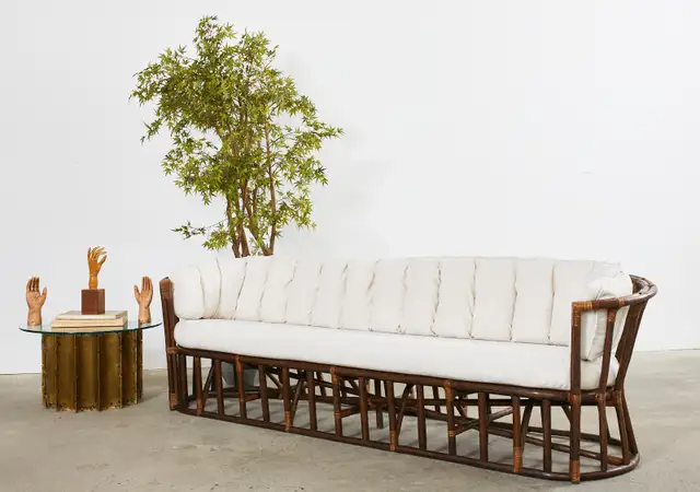 Midcentury Organic Modern Bent Rattan Sofa Demilune Ends