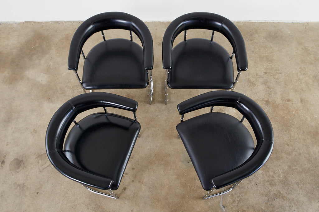 Set of Four Midcentury Chrome Faux Bamboo Barrel Chairs