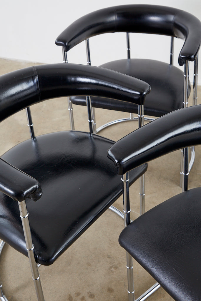 Set of Four Midcentury Chrome Faux Bamboo Barrel Chairs