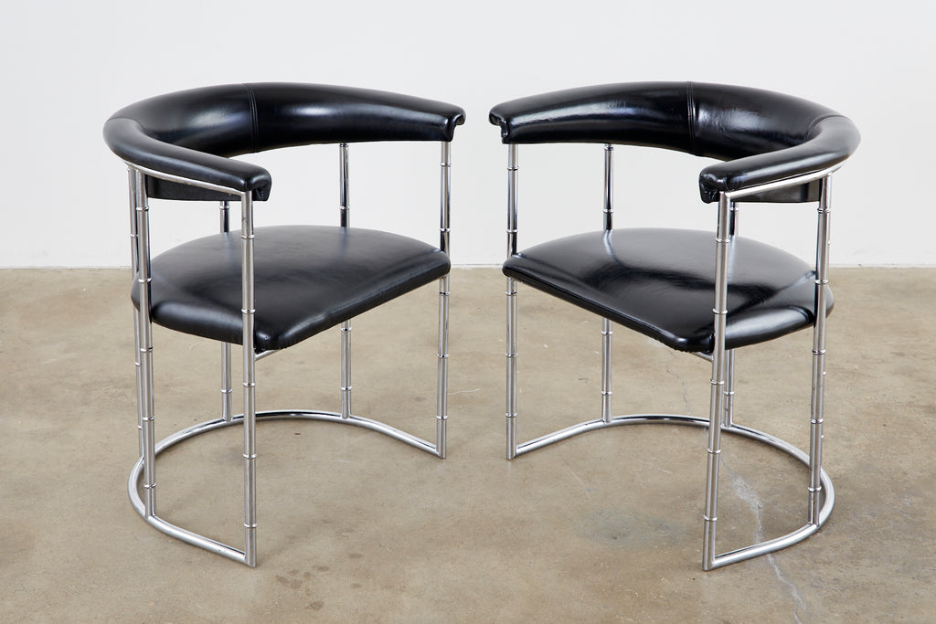 Set of Four Midcentury Chrome Faux Bamboo Barrel Chairs