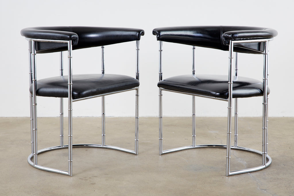 Set of Four Midcentury Chrome Faux Bamboo Barrel Chairs