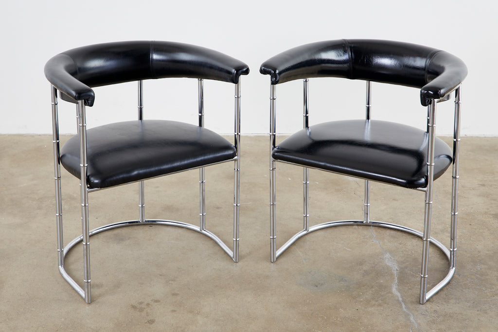 Set of Four Midcentury Chrome Faux Bamboo Barrel Chairs