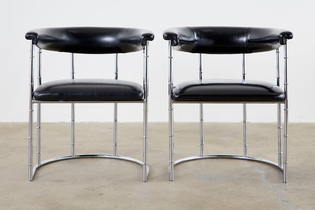 Set of Four Midcentury Chrome Faux Bamboo Barrel Chairs