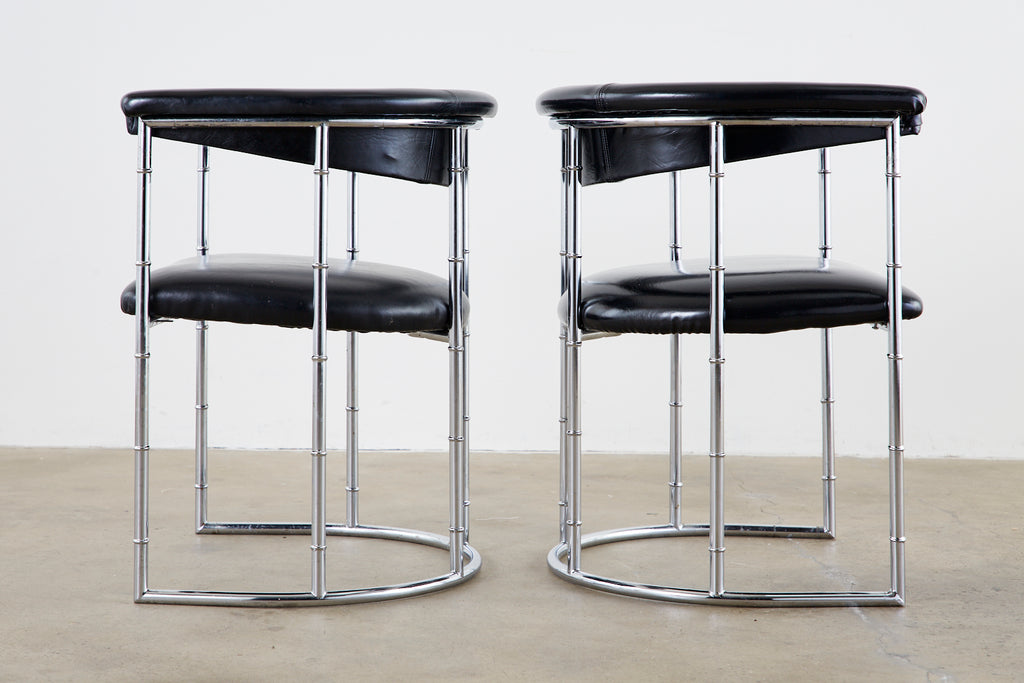 Set of Four Midcentury Chrome Faux Bamboo Barrel Chairs