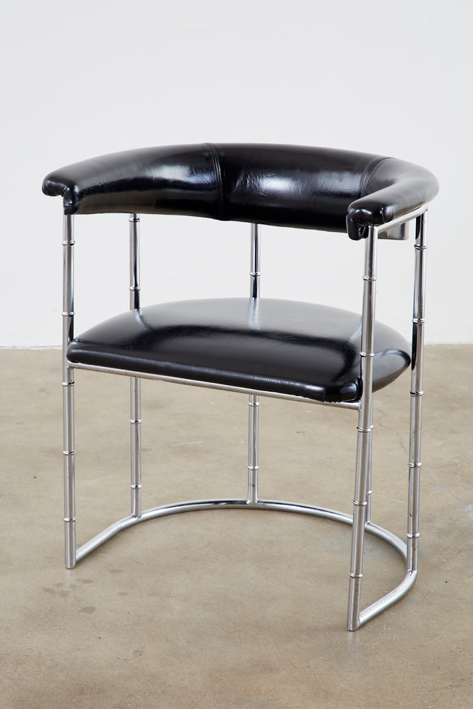 Set of Four Midcentury Chrome Faux Bamboo Barrel Chairs