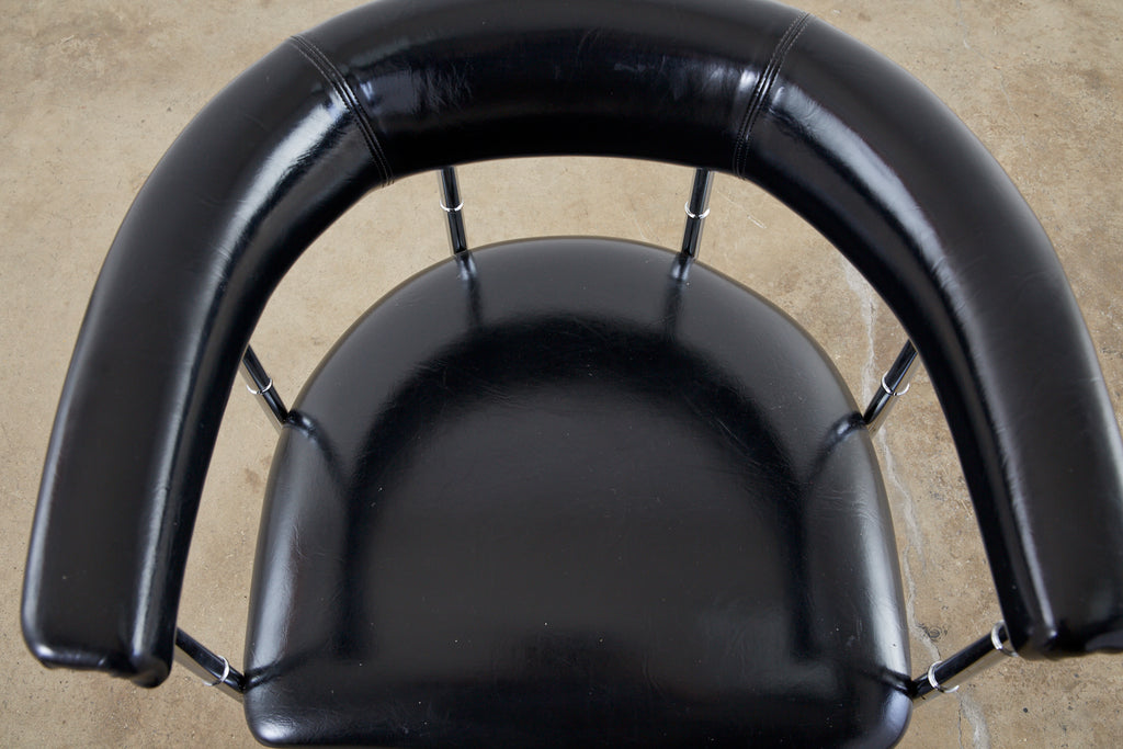 Set of Four Midcentury Chrome Faux Bamboo Barrel Chairs