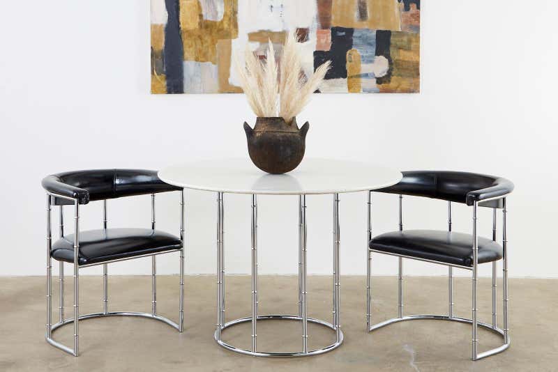 Set of Four Midcentury Chrome Faux Bamboo Barrel Chairs