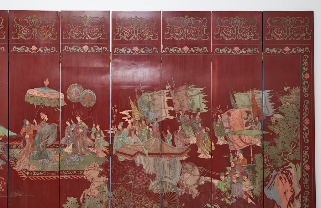 Chinese Twelve-Panel Red Lacquer Coromandel Screen of Xiwangmu