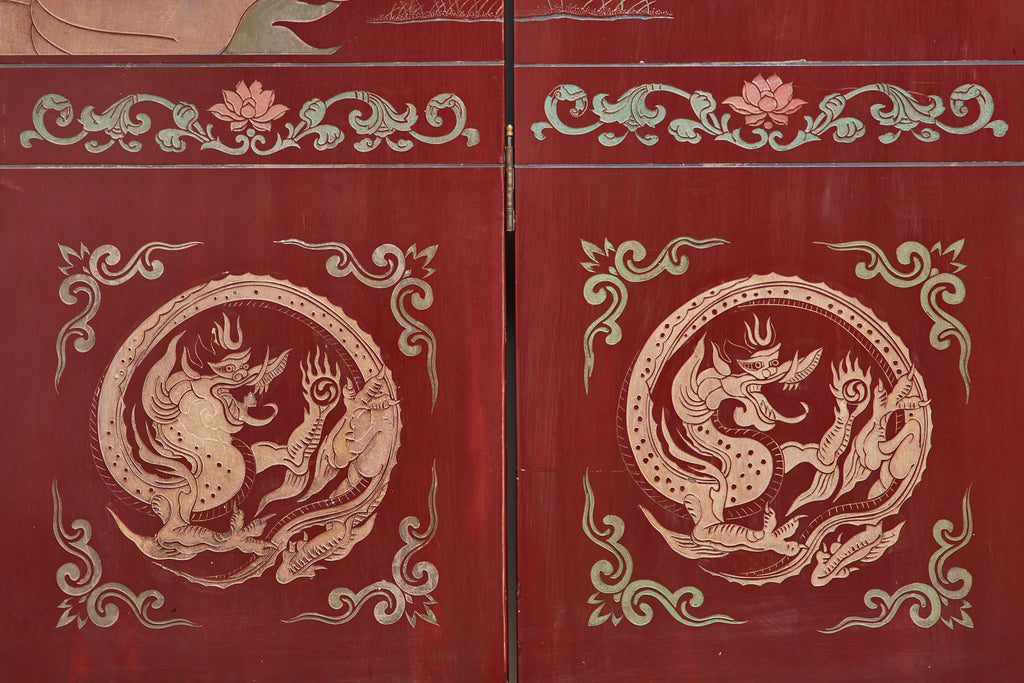 Chinese Twelve-Panel Red Lacquer Coromandel Screen of Xiwangmu