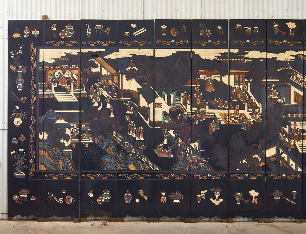 Chinese Export Twelve Panel Coromandel Screen Spring in Han Palace