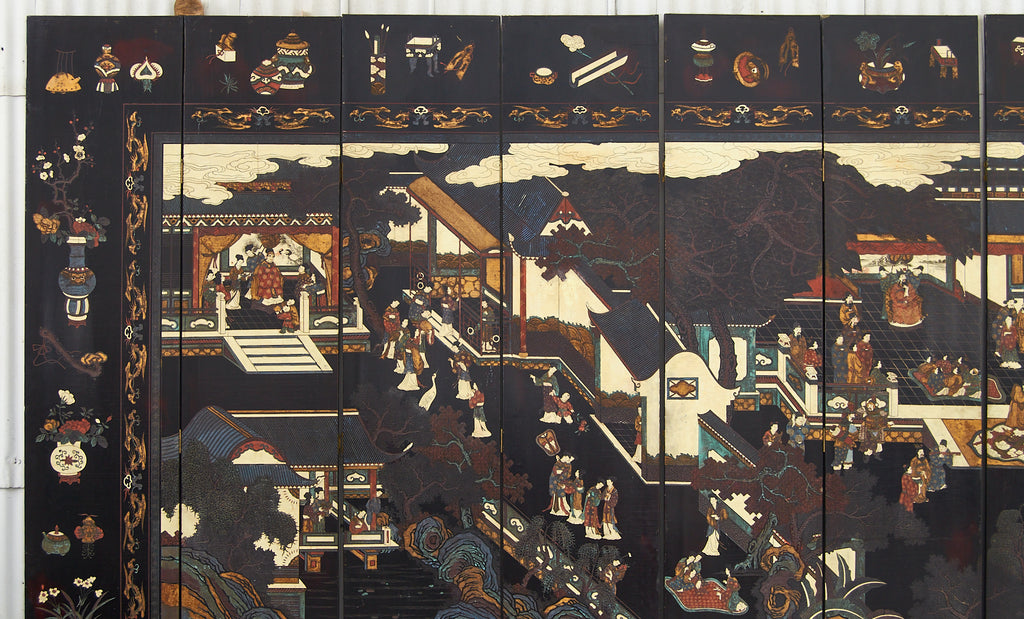 Chinese Export Twelve Panel Coromandel Screen Spring in Han Palace