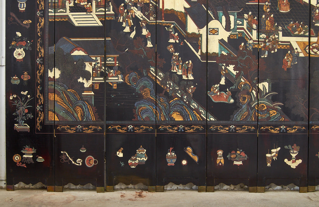 Chinese Export Twelve Panel Coromandel Screen Spring in Han Palace