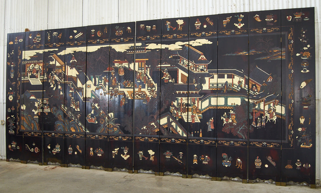 Chinese Export Twelve Panel Coromandel Screen Spring in Han Palace
