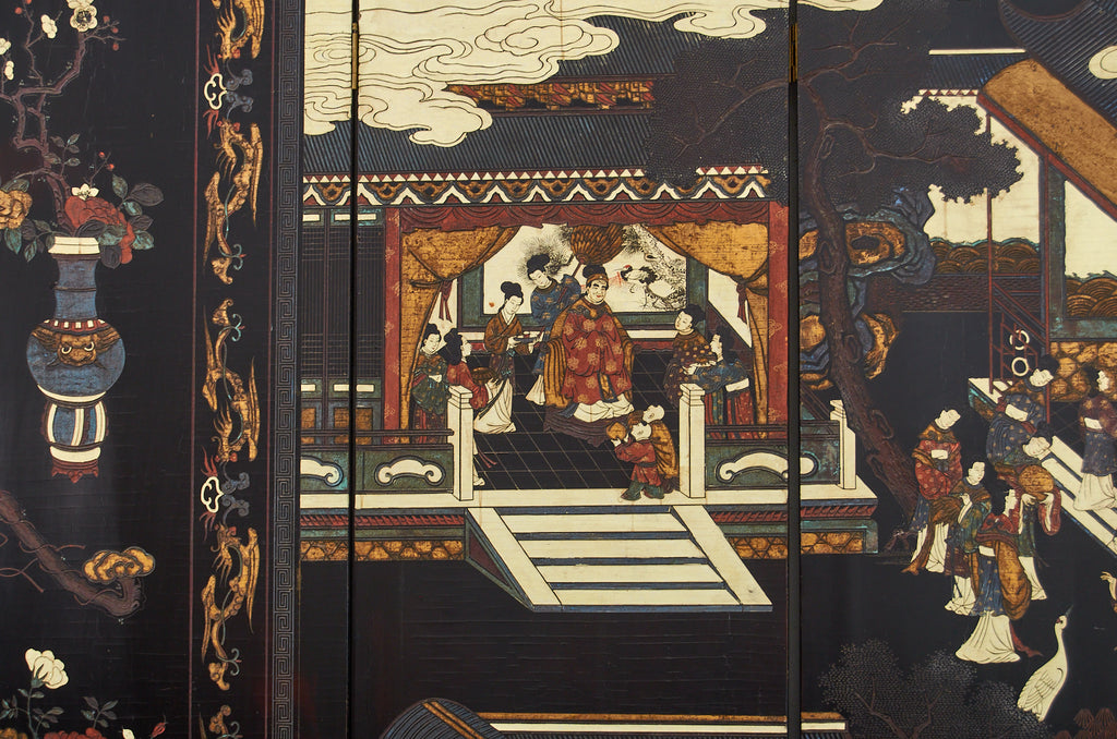 Chinese Export Twelve Panel Coromandel Screen Spring in Han Palace