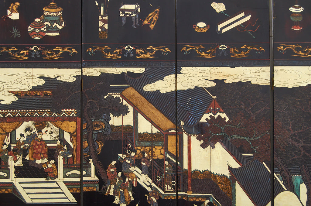 Chinese Export Twelve Panel Coromandel Screen Spring in Han Palace