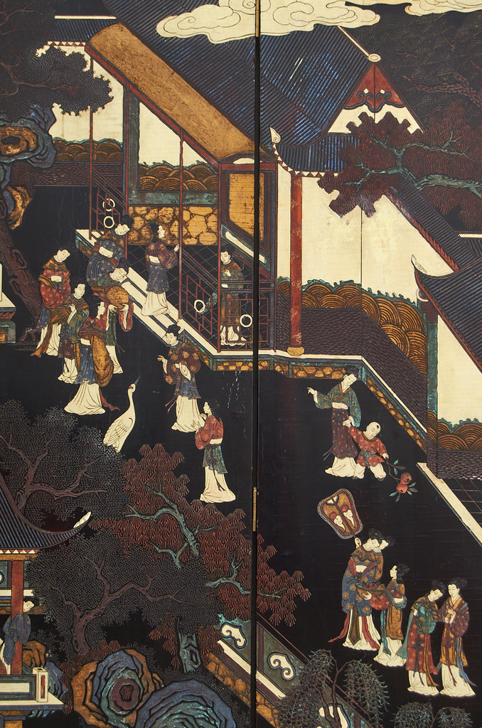 Chinese Export Twelve Panel Coromandel Screen Spring in Han Palace