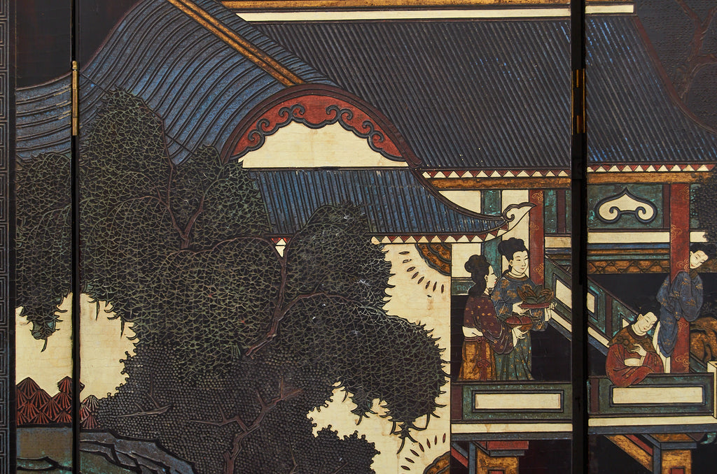 Chinese Export Twelve Panel Coromandel Screen Spring in Han Palace