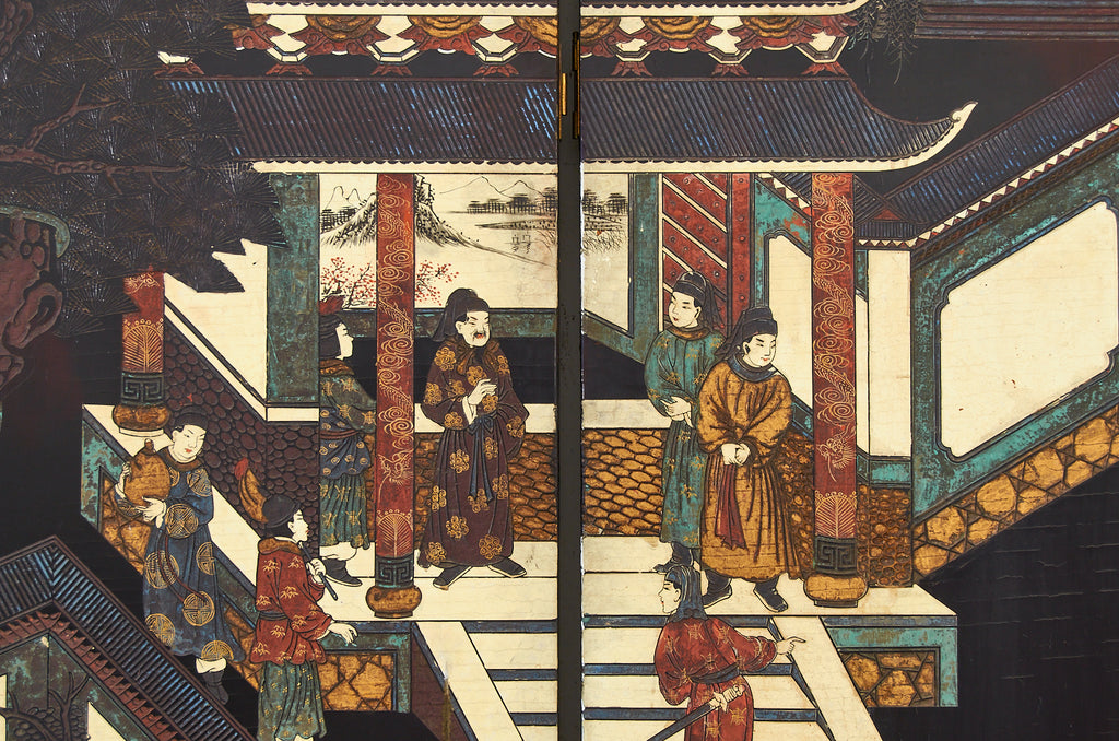 Chinese Export Twelve Panel Coromandel Screen Spring in Han Palace