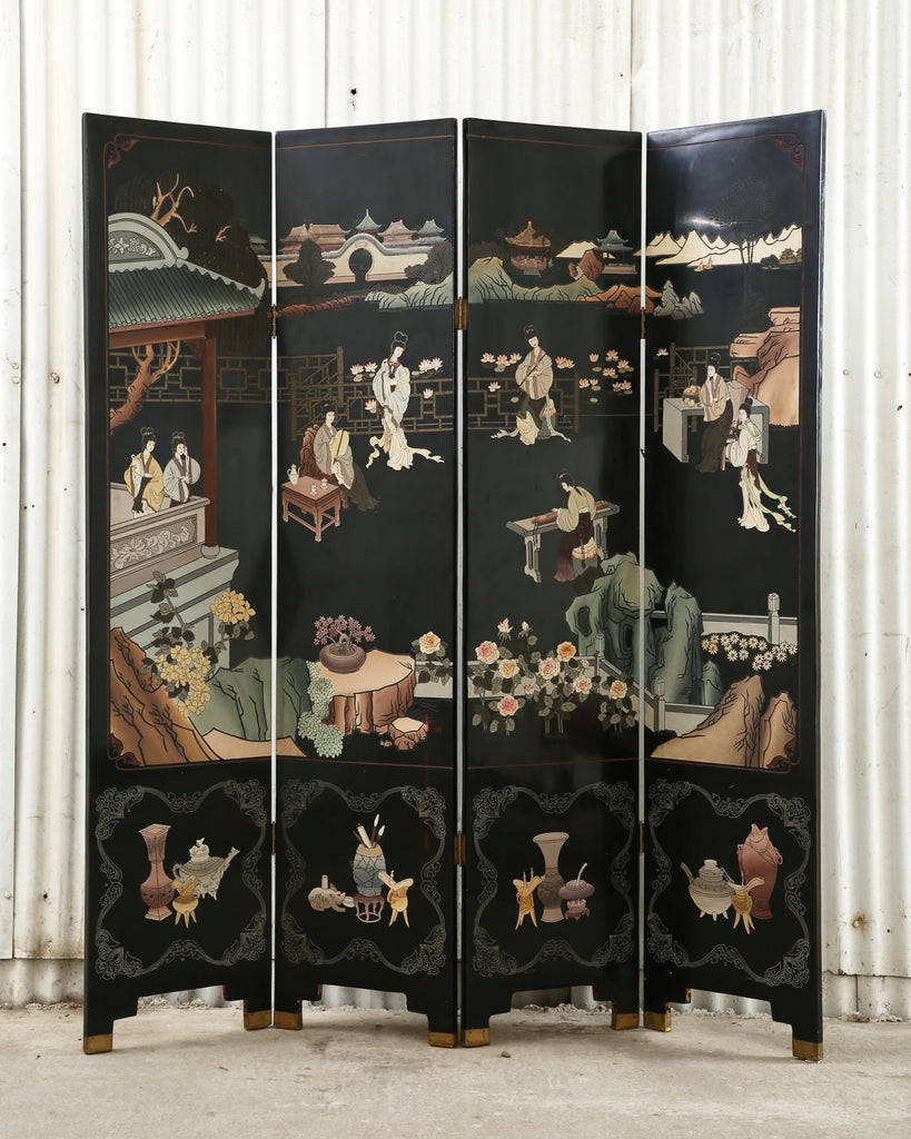 Chinese Export Four Panel Coromandel Screen Pastel Beauties
