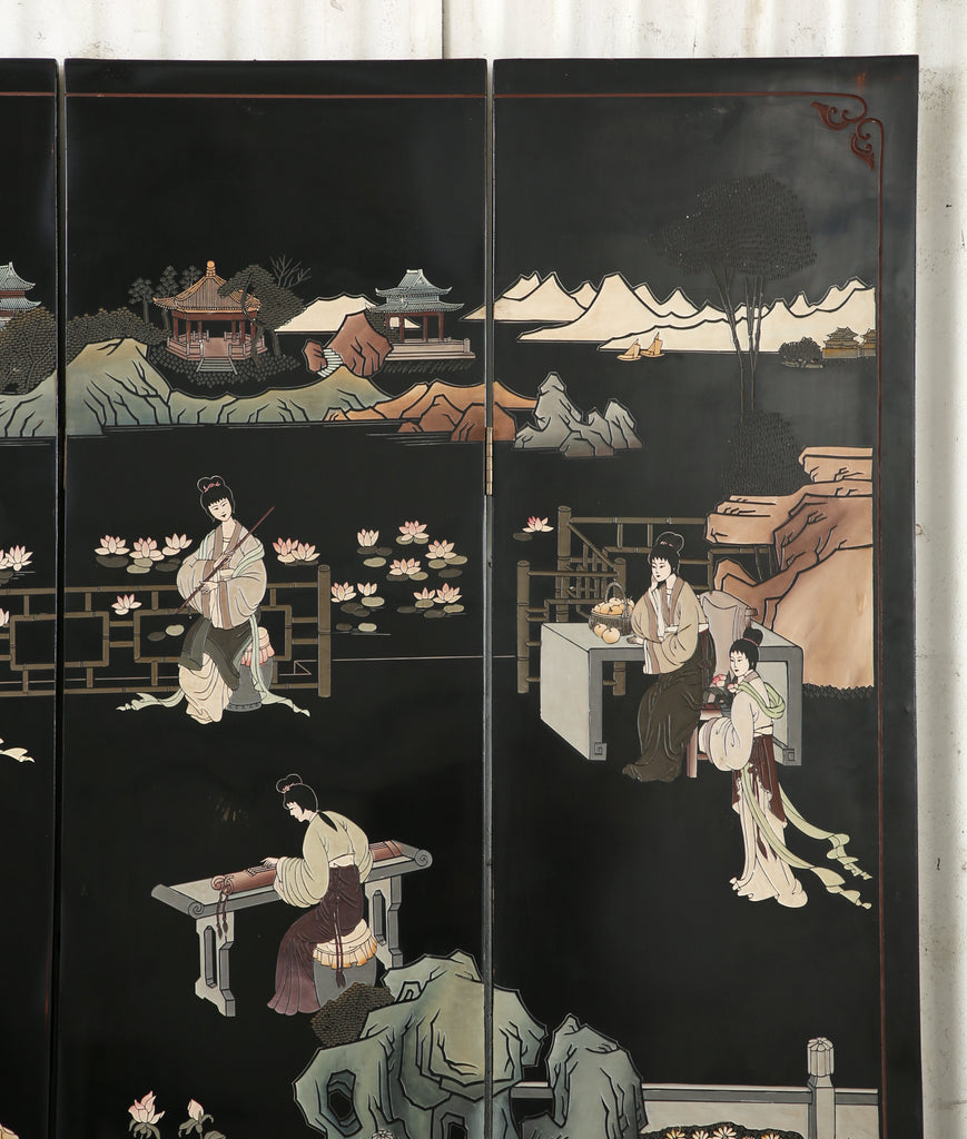 Chinese Export Four Panel Coromandel Screen Pastel Beauties