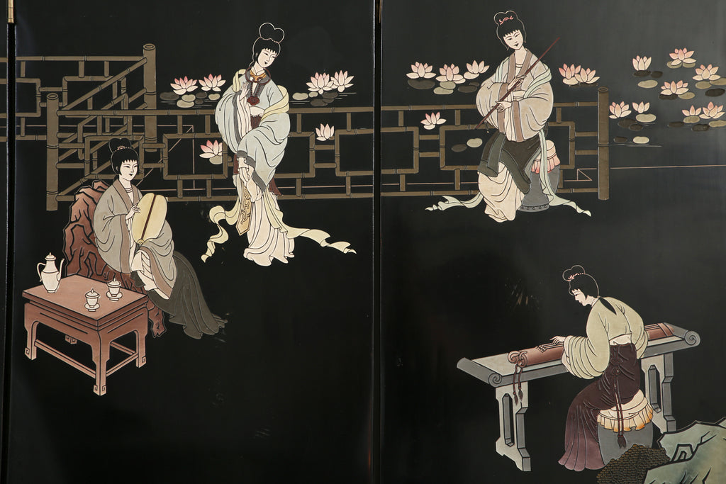 Chinese Export Four Panel Coromandel Screen Pastel Beauties