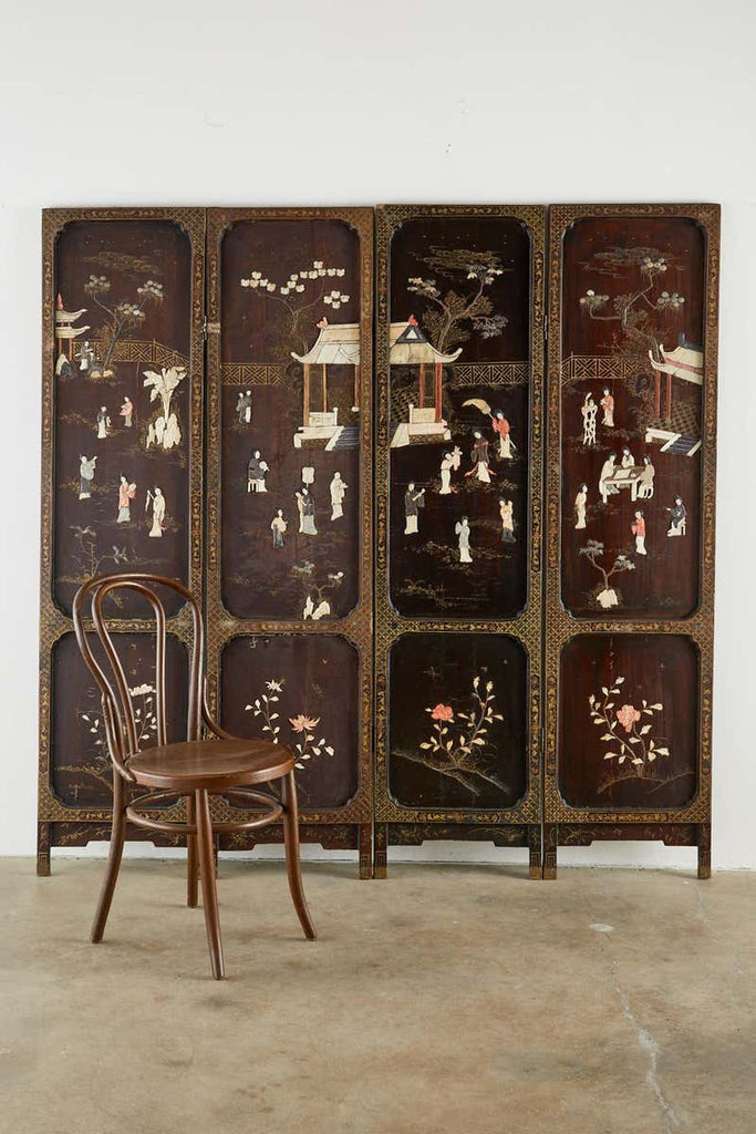 Chinese Qing Four Panel Carved Soapstone Coromandel Screen