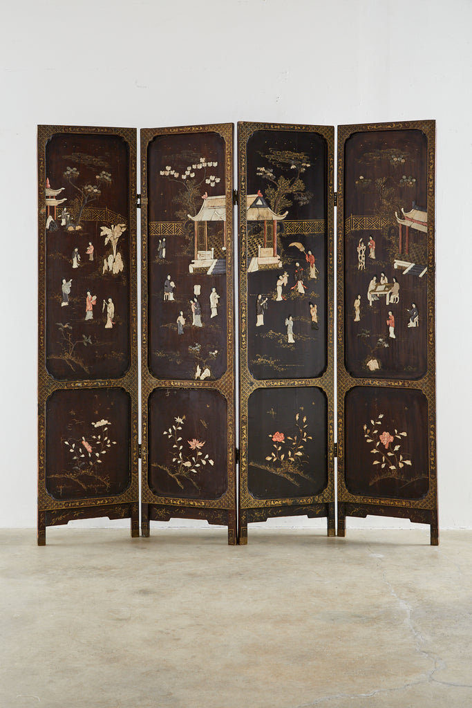 Chinese Qing Four Panel Carved Soapstone Coromandel Screen