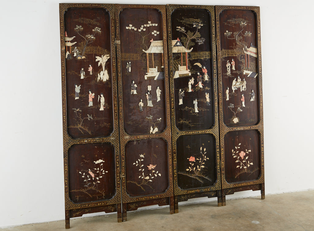 Chinese Qing Four Panel Carved Soapstone Coromandel Screen