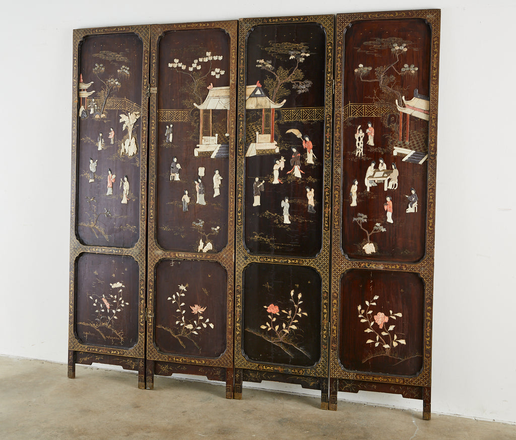 Chinese Qing Four Panel Carved Soapstone Coromandel Screen