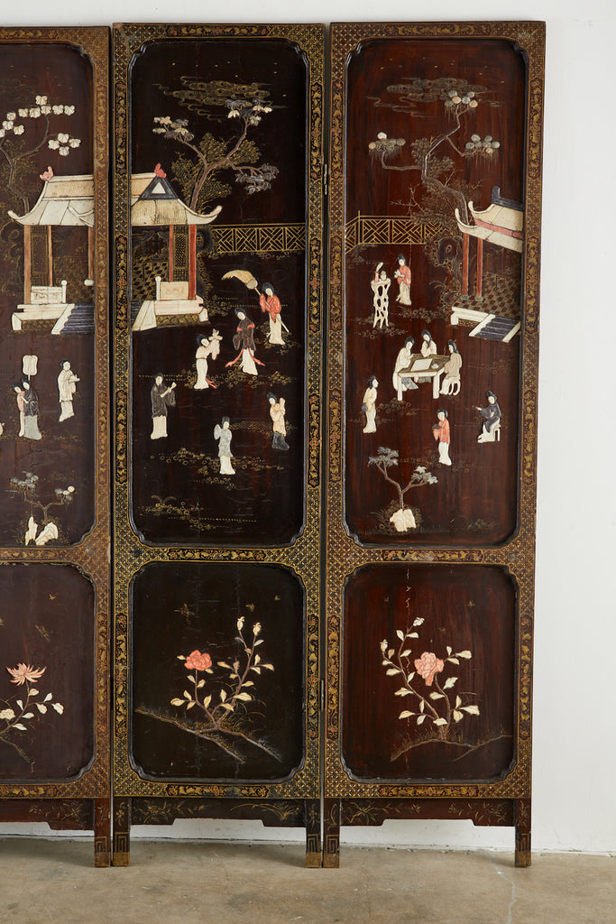 Chinese Qing Four Panel Carved Soapstone Coromandel Screen