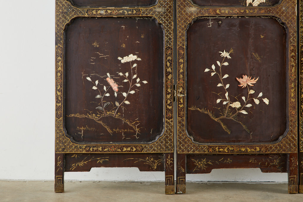 Chinese Qing Four Panel Carved Soapstone Coromandel Screen