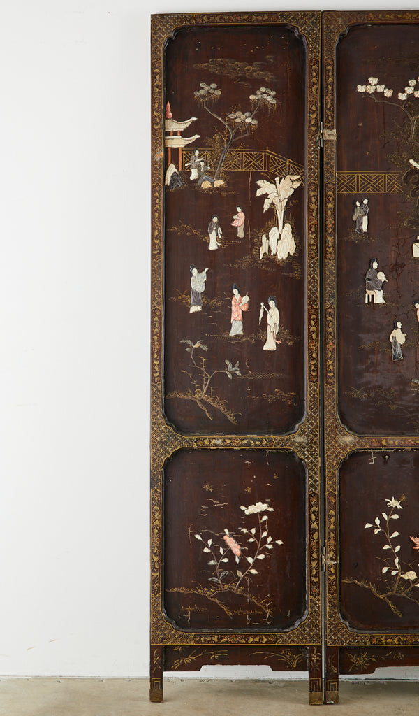 Chinese Qing Four Panel Carved Soapstone Coromandel Screen