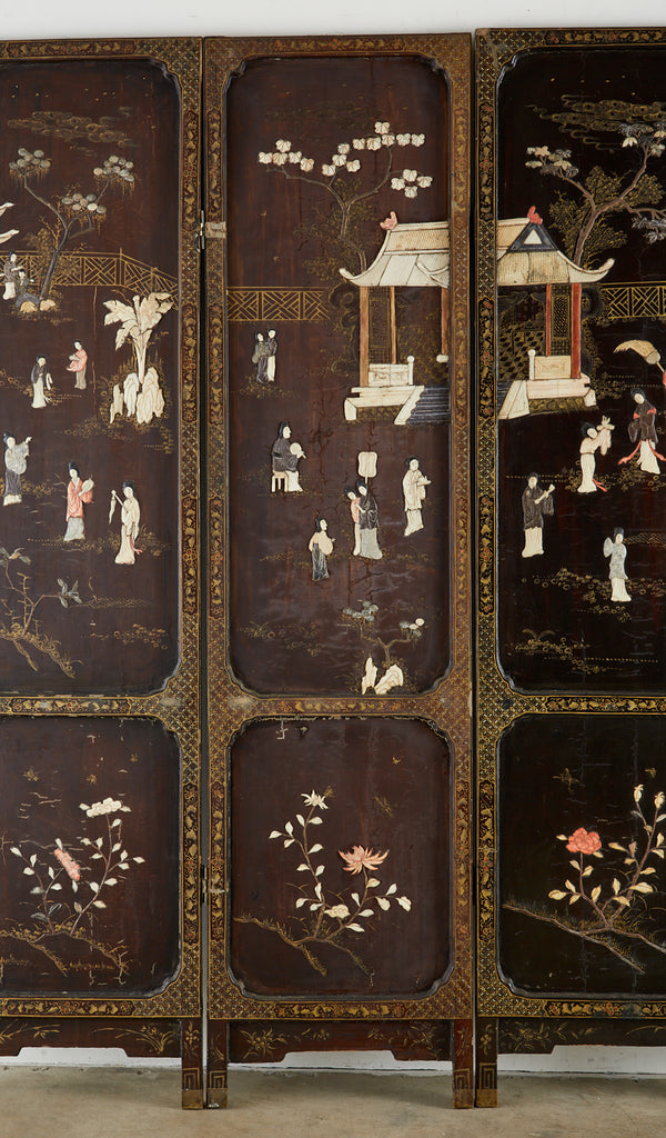 Chinese Qing Four Panel Carved Soapstone Coromandel Screen