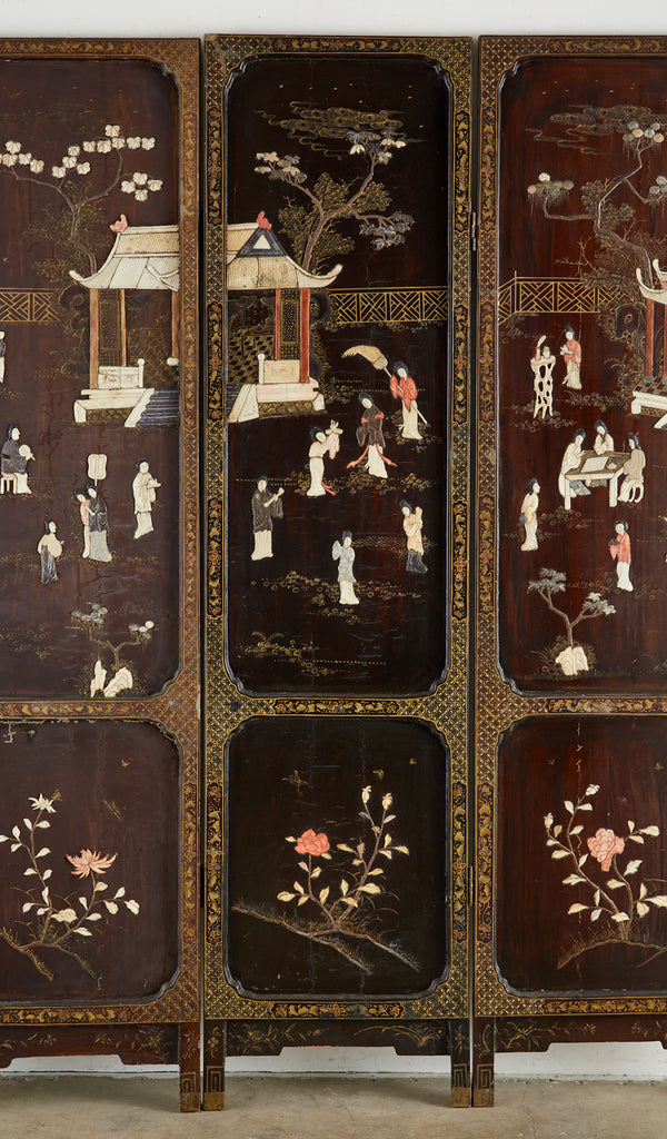 Chinese Qing Four Panel Carved Soapstone Coromandel Screen