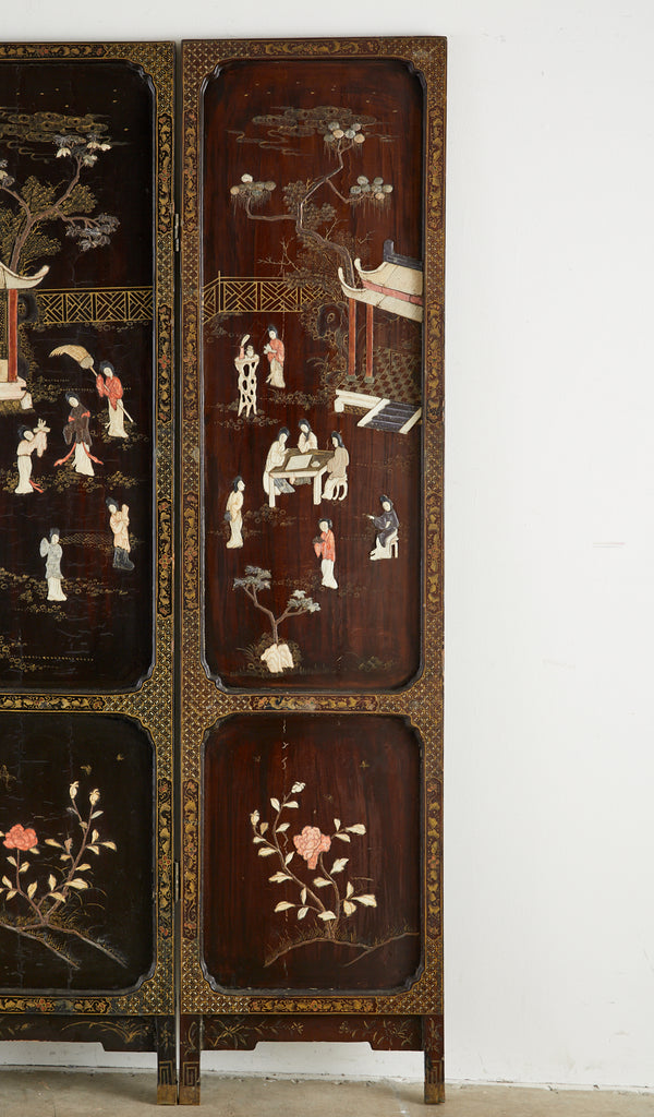 Chinese Qing Four Panel Carved Soapstone Coromandel Screen