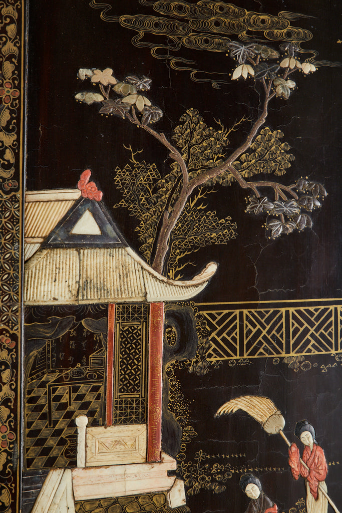 Chinese Qing Four Panel Carved Soapstone Coromandel Screen