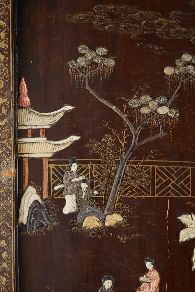 Chinese Qing Four Panel Carved Soapstone Coromandel Screen