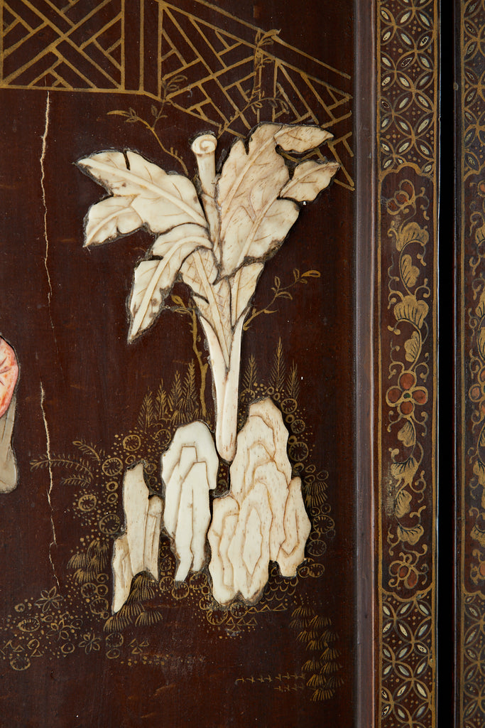 Chinese Qing Four Panel Carved Soapstone Coromandel Screen