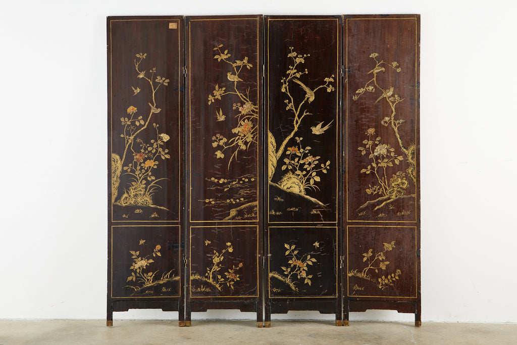 Chinese Qing Four Panel Carved Soapstone Coromandel Screen