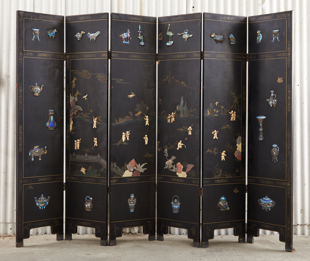 Chinese Export Six Panel Cloisonné Soapstone Coromandel Screen