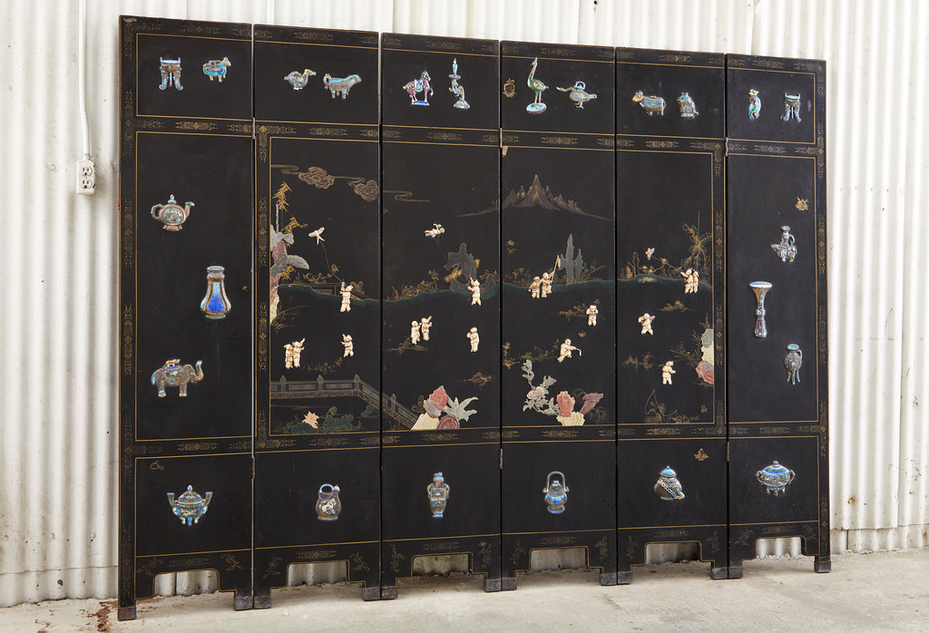 Chinese Export Six Panel Cloisonné Soapstone Coromandel Screen