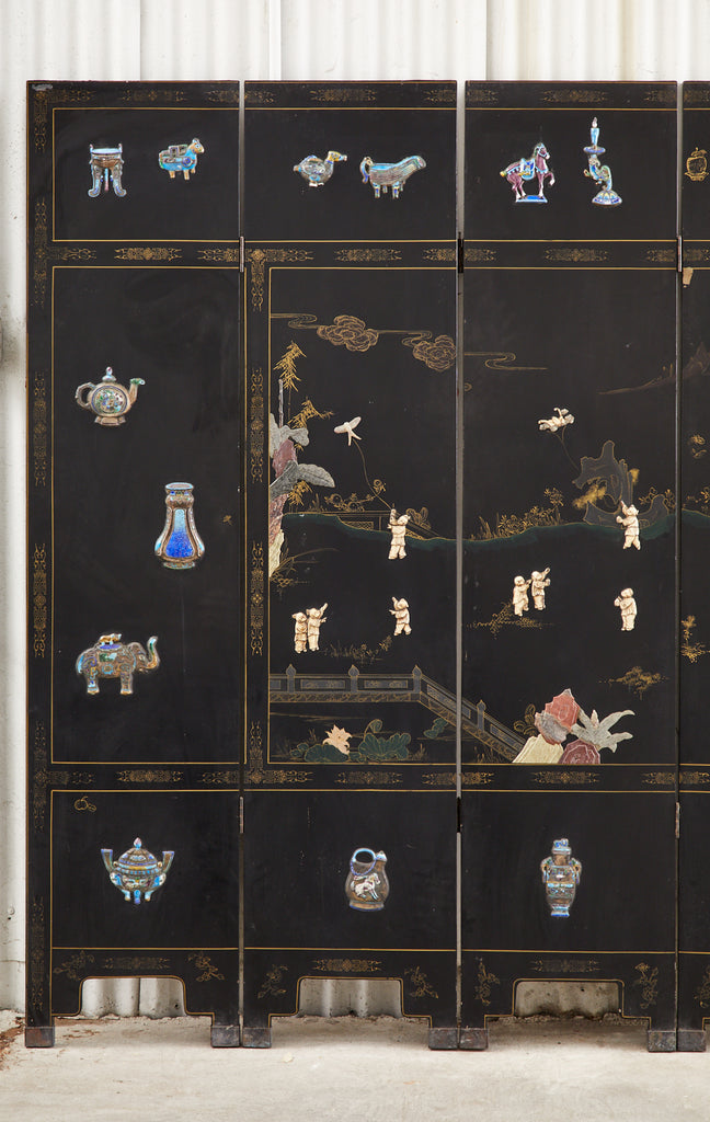 Chinese Export Six Panel Cloisonné Soapstone Coromandel Screen